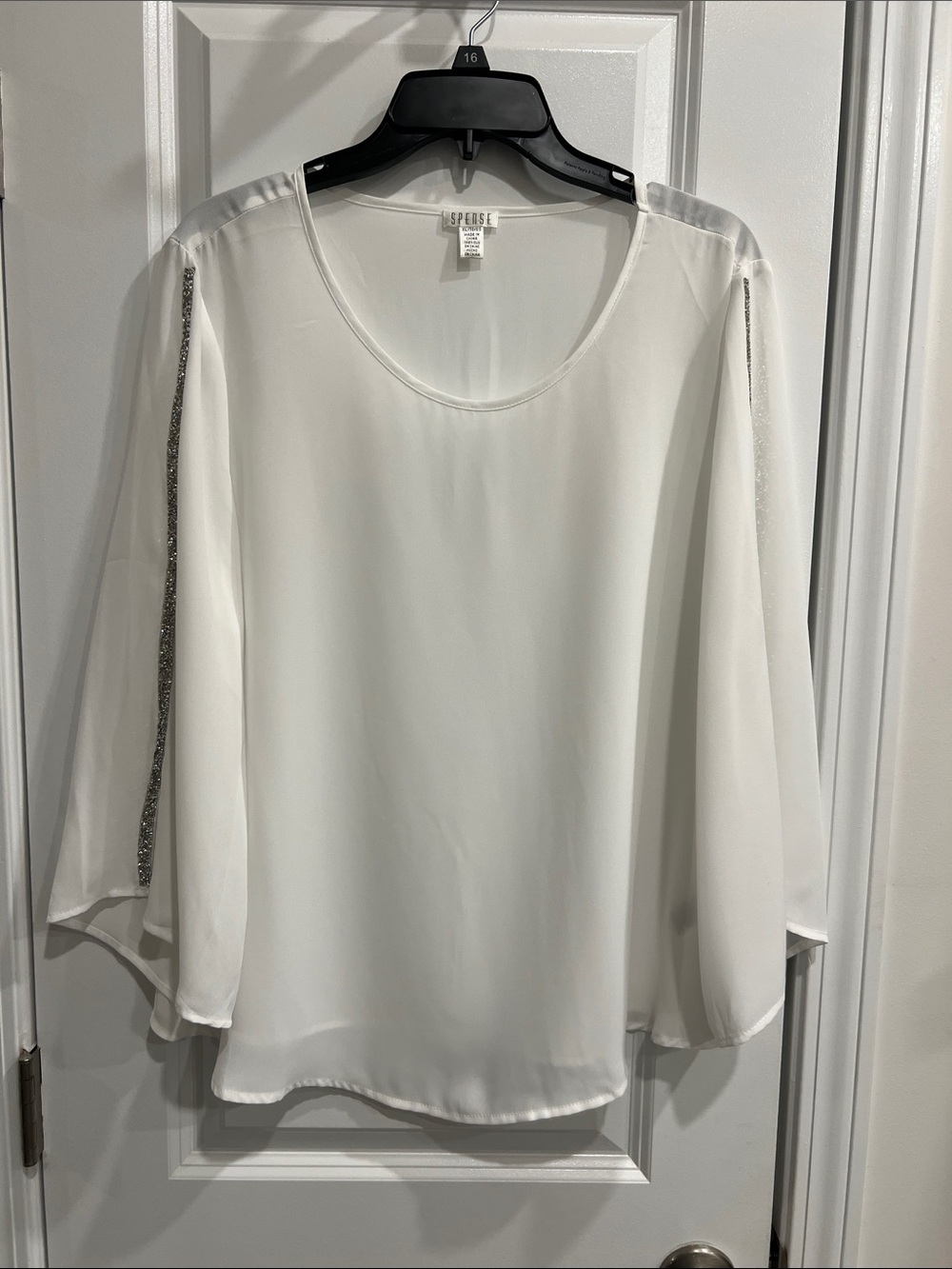 Spense White Scoop Neck Sheer Chiffon Blouse with Silver Sleeve Trim